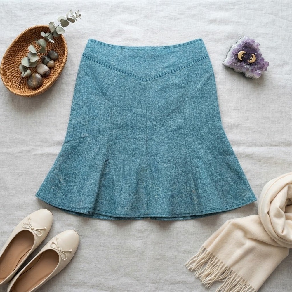 Ann Taylor Loft Teal Blue Wool Silk Blend Tweed Flared A-Line Skirt Size 10